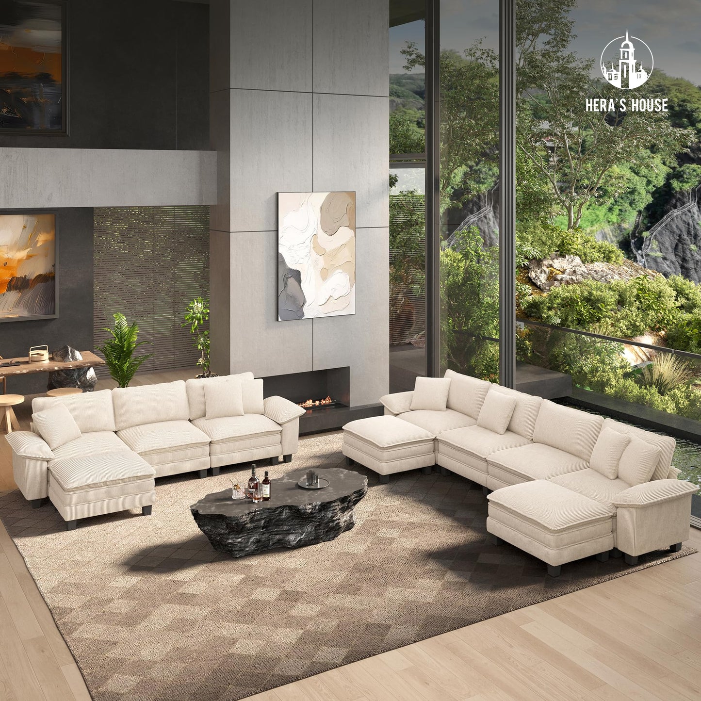 HERA'S HOUSE 124" Modular Sectional Sofa, Oversized L Shaped Couches for Living Room, Comfy Cloud Couch with Ottoman, 4-Seater Deep Seat Sofa with Throw Pillow, Corduroy Beige