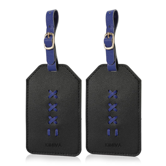 KINIVA Luggage Tags for Suitcases,Unique Leather Bag Baggage Handbag Tags Bulk for Travel with Name Label,Colorful Travel Accessories(12 Black & Blue-2 Pack)