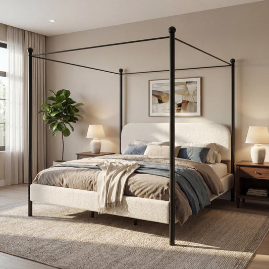 Merax King Size Canopy Bed with Upholstered Headboard, Modern Platform Bed Frame with Iron Legs, No Box Spring Needed