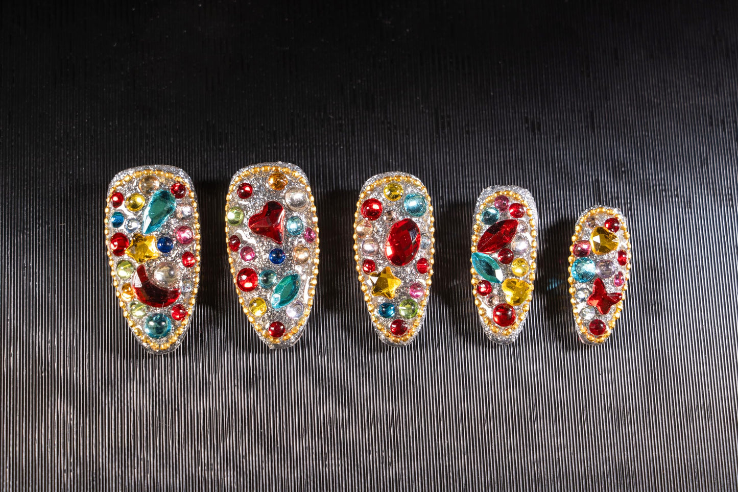 24Pcs Handmade Press on Nails, Bling Rhinestones Medium Length Almond Shape Fake Nails with Colorfull Design,Cute Manicure Kit for Women and Girls