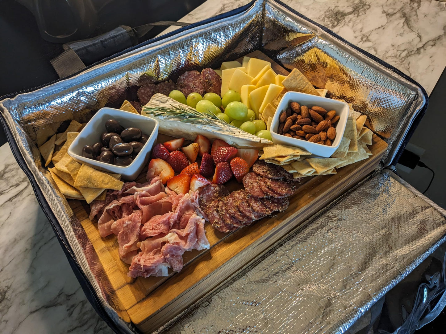 Latitude Board®- Original Chilled Charcuterie Board with a Built in Ice Pack and Thermal Carrier Bag Set. Premium Handcrafted Teak Wood Serving Tray. 15inx11.5inx 2in. Cold Charcuterie Transport