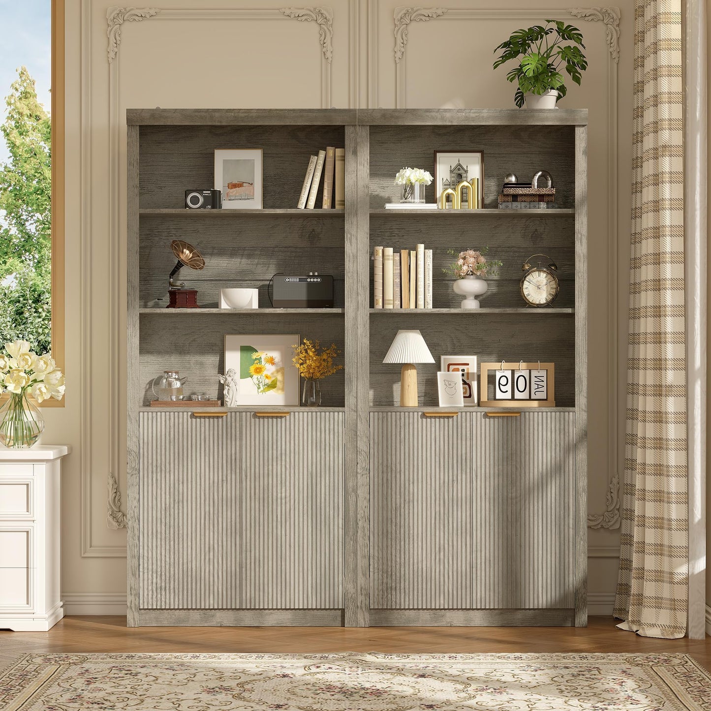 Garvee 71" Tall Bookshelf with Fluted Doors, 5 Tier Bookcase Display Shelves with Storage Cabinet & Adjustable Shelf, Mid-Century Modern Bookshelves for Home Office, Living Room, Oak
