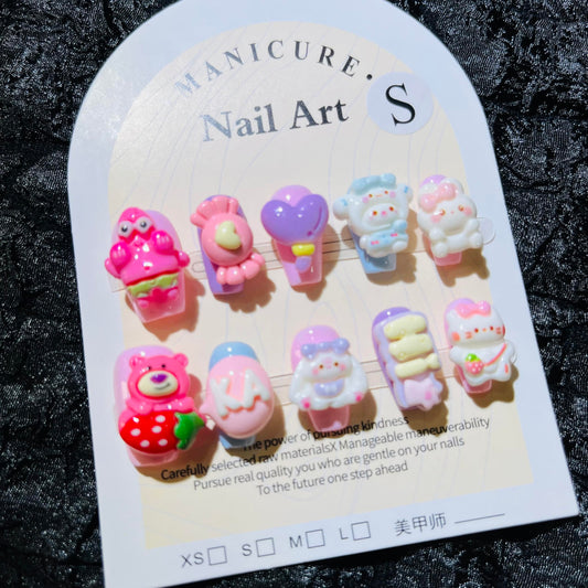 Short Press on Nails Handmade Nails 10Pcs Purple Cartoon Cute Manual Press on Nails for Women Party Holiday Photo 25mm Long Size L