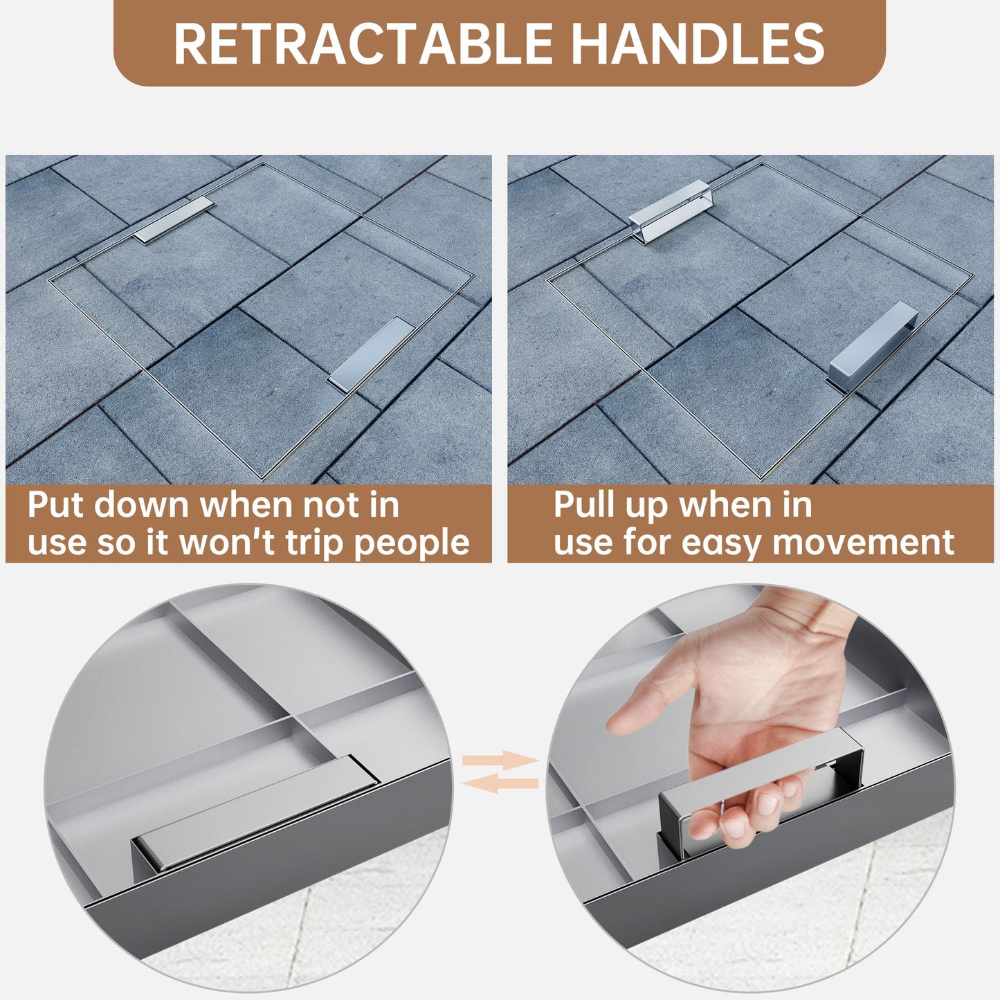 36x36 inch Stainless Steel Invisible Manhole Cover and Frame, Square Recessed Septic Tank Cover with Retractable Handle, for Walkway/Driveway