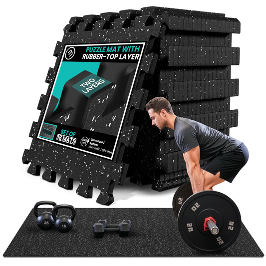 bemaxx Gym Mats Set - 18 pcs EVA Interlocking Foam Floor Tiles (12.6"x12.6"x0.4") 18sqft Protective Gym Flooring Sports Home Workout Exercise Mats Puzzle Garage Fitness Play-Room Pool Treadmill Bike