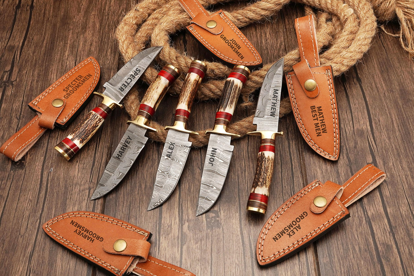 Markhor Outdoors Set of 10 Handmade Personalized Damascus Knife set for Groomsmen gifts | Groomsman Gifts for Wedding, Groomsmen Proposal Gifts