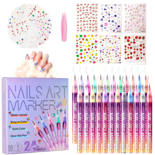 24 Color 0.5mm Fine Tip Nail Art Pen Set - Non-Toxic, Quick-Drying Nail Art Markers with 26 Nail Stickers, Leak-Proof Design for DIY Nail Art, Greeting Cards, Object Painting & Holiday Doodling