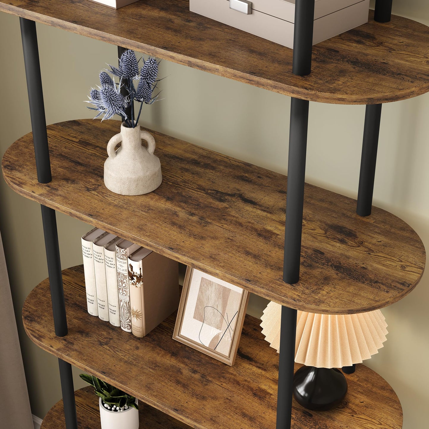 MilleLoom 71" Arched Bookshelf, 5 Tier Freestanding Open Bookcase with Sturdy Metal Frame, Modern Display Rack and Plant Shelf for Bedroom, Living Room, Home Office, Black and Retro