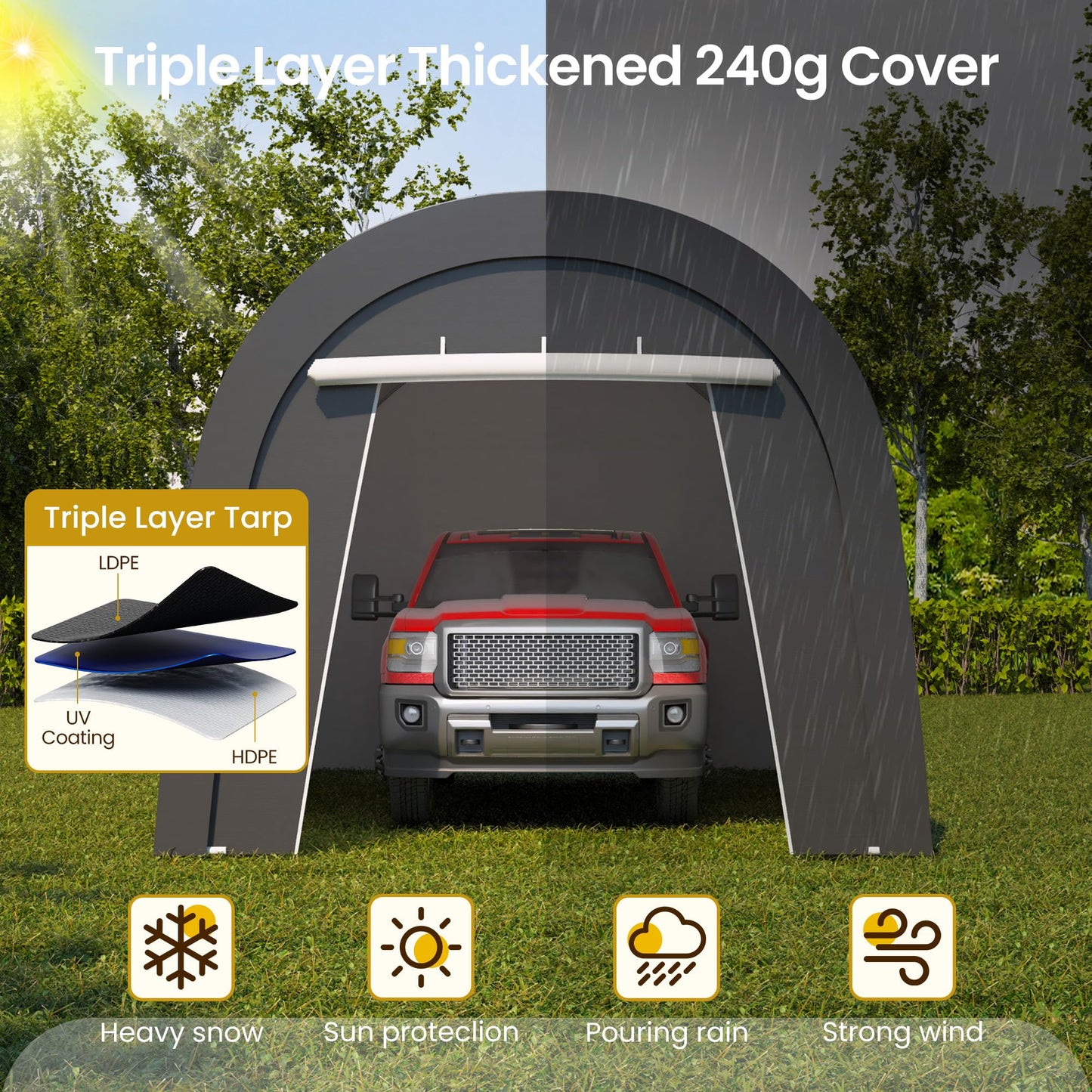 Kiss the Water Heavy Duty Carport with 4 Cloth Bags, All-Weather Car Canopy with 2 Roll-up Doors, Portable Garage Storage Shelter Shed for Cars, Truck, or Garden Tools, 10' x 20'