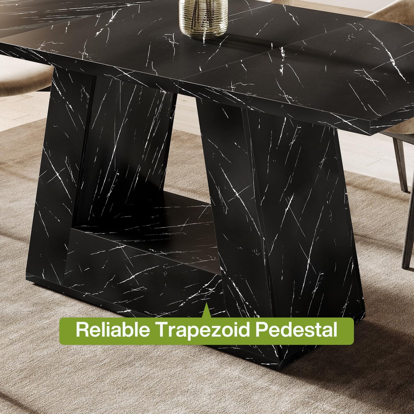 LITTLE TREE Dining Table for 4-6 People, 63 Inches Dining Room Table with Wooden Triangle Pedestal Base, Black Faux Marble Rectangle Dinner Kitchen Table for Dining Room, Kitchen, Living Room