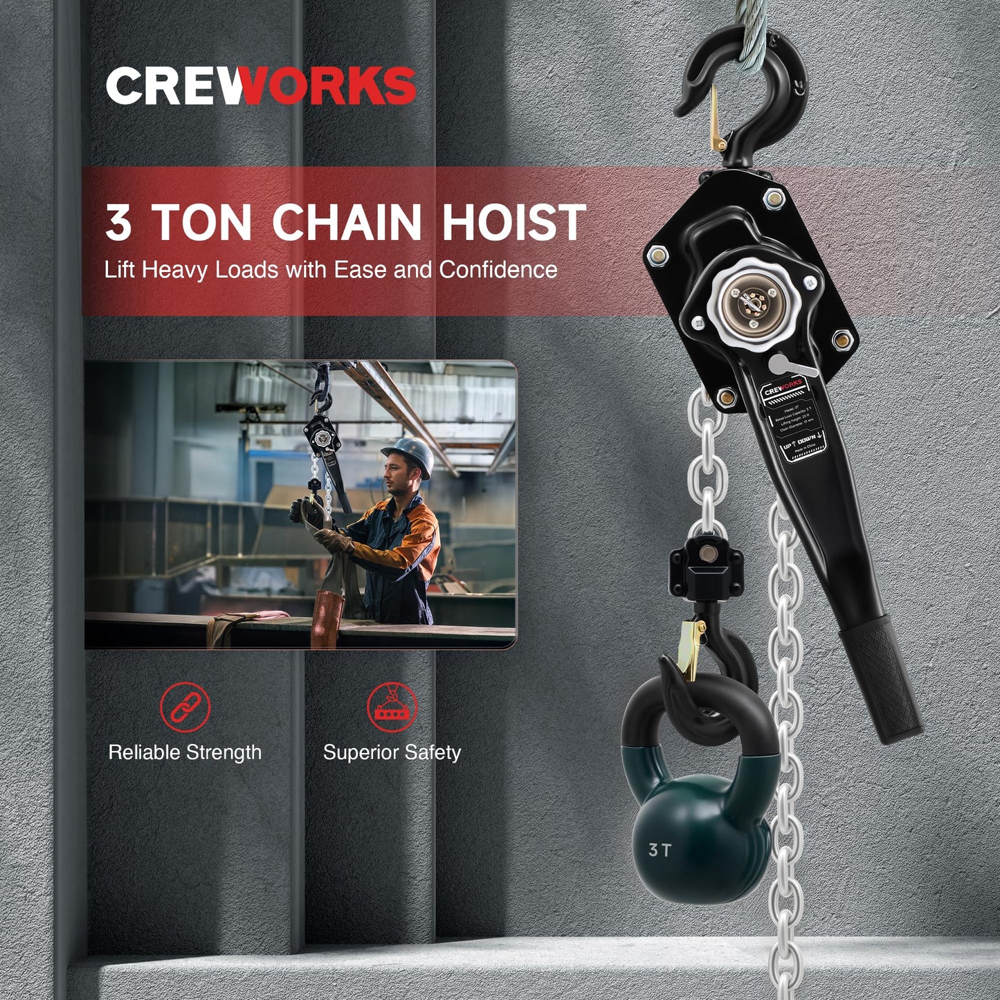 CREWORKS Lever Chain Hoist, 3 Ton 6600 lb Capacity 20 ft Manual Chain Hoist with G80 Galvanized Chain & Swivel Hooks, Heavy Duty Manual Lever Hoist for Construction Warehouse Automotive Factory