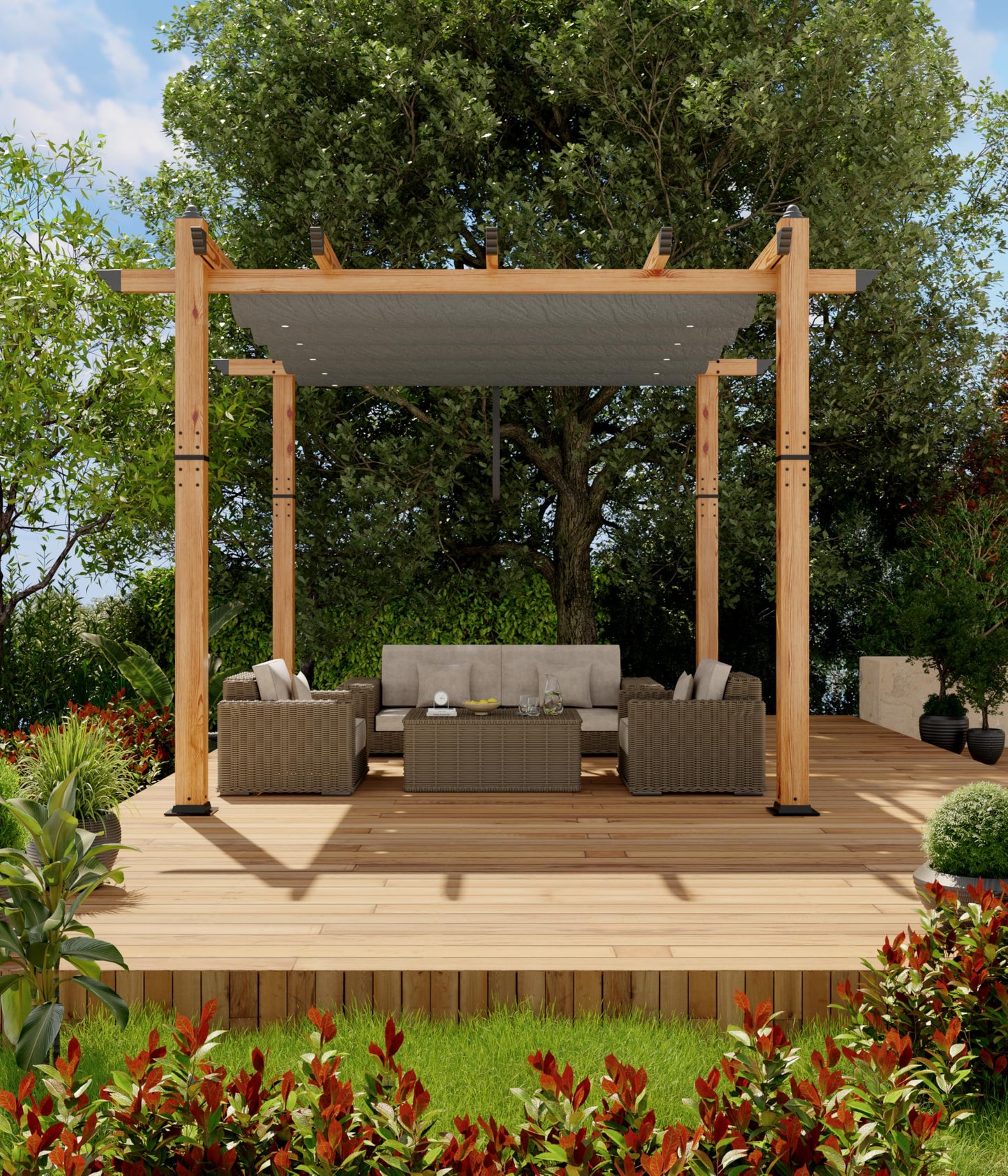 GarveeLife 10 x 10 ft Wood-Grain Aluminum Pergola OutdoorGazebo with Retractable Canopy Sun Shade Shelter for Garden, Patio, Backyard, Deck - Grey