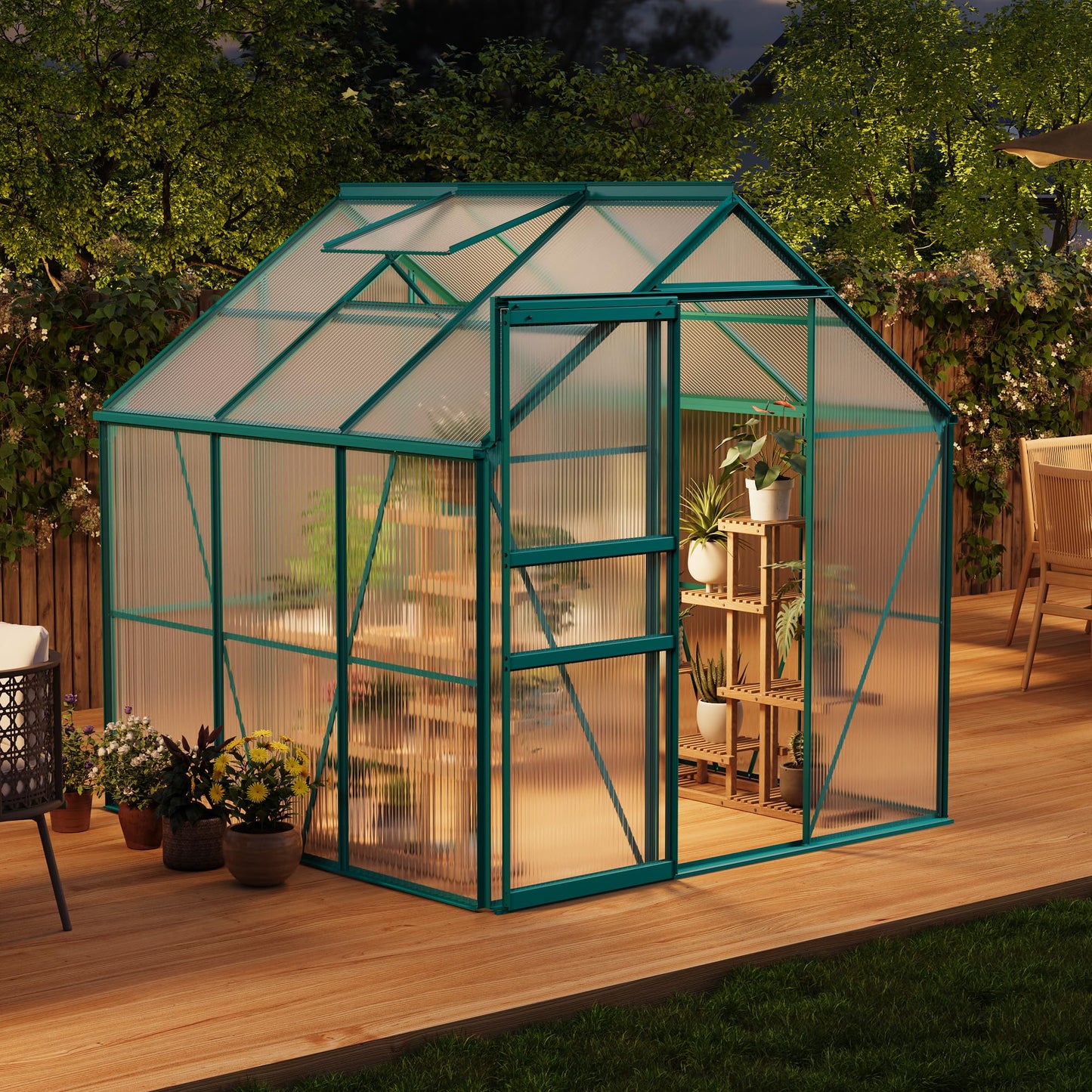 GarveeHome 6 x 6 FT Polycarbonate Greenhouse, Winter Greenhouses for Outdoors with Aluminum Frame, Sliding Door, Adjustable Roof Vent, Backyard Green Houses, Patio Garden, Green