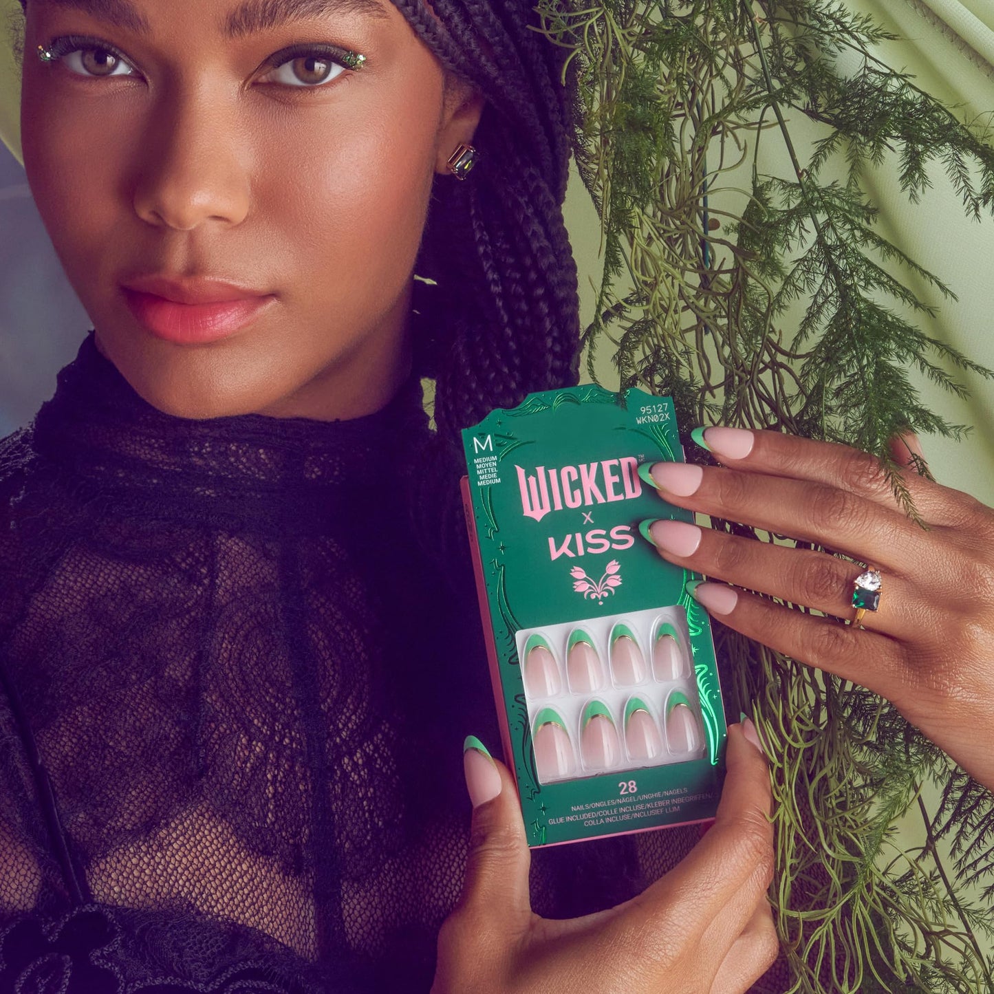 WICKED X KISS Press On Nails Almond, ‘Thrillifying!’, Green, Medium, Waterproof, Chip Proof, Smudge Proof, 28 Fake Nails, Pink Gel Nail Glue (2g), Mini Nail File, & Manicure Stick