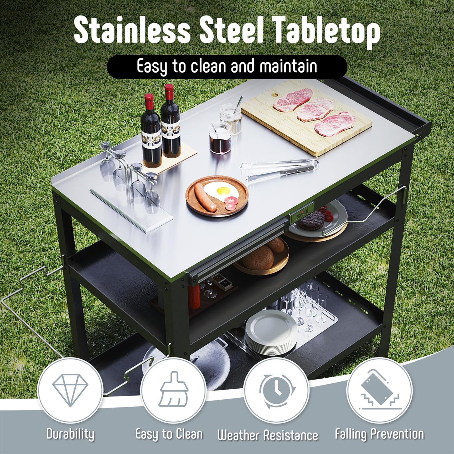 Feasto 31.5"x18" Outdoor Stainless Steel Grill Table, Movable Grill Prep Table Table with Seasoning Rack & Magnetic Tools Holder, Backyard BBQ Kitchen Food Prep Table for Portable Griddle & Pizza Oven