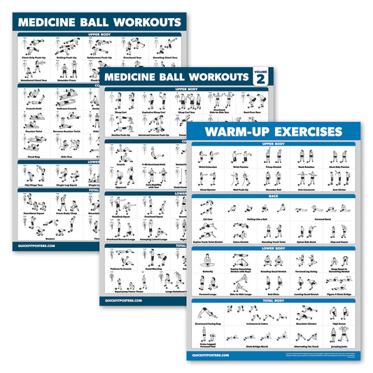 Palace Learning 3 Pack - Medicine Ball Workouts Volume 1 & 2 + Warm Ups Exercise Poster Set - Fitness Charts (18 x 24, LAMINATED)