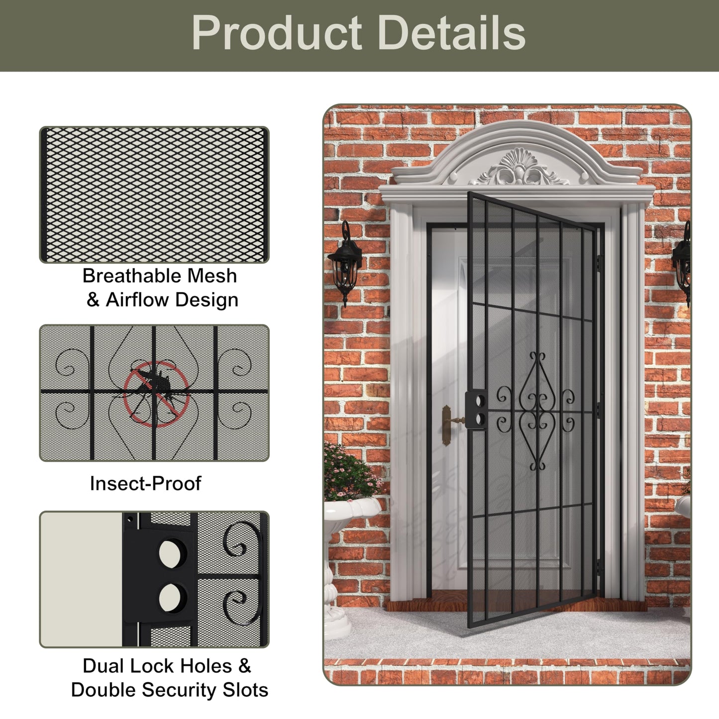 JUBEST 32 in. x 80 in. Security Screen Door, Reversible Powder Coated Black Surface Mount Outswing Steel Security Door with Expanded Metal Screen, Prehung Steel Exterior Doors, Durable&Safe