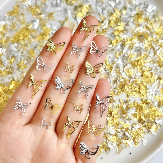 300Pcs Gold Sliver Butterfly Nail Charms 3D Butterflies Nail Rhinestones Gold Metal Butterfly Charms for Nails Alloy Butterfly Nail Jewelry Cute Butterflies Nail Supplies for Women Manicure Crafts DIY