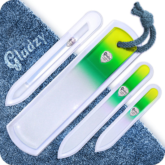 GLADZY Genuine Czech Glass Nail File Set - Callus Remover Foot Rasp, Cuticle Pusher Manicure Stick, Double Sided Etched Different Grit Surface, Professional Nail Care Tool, Made in EU