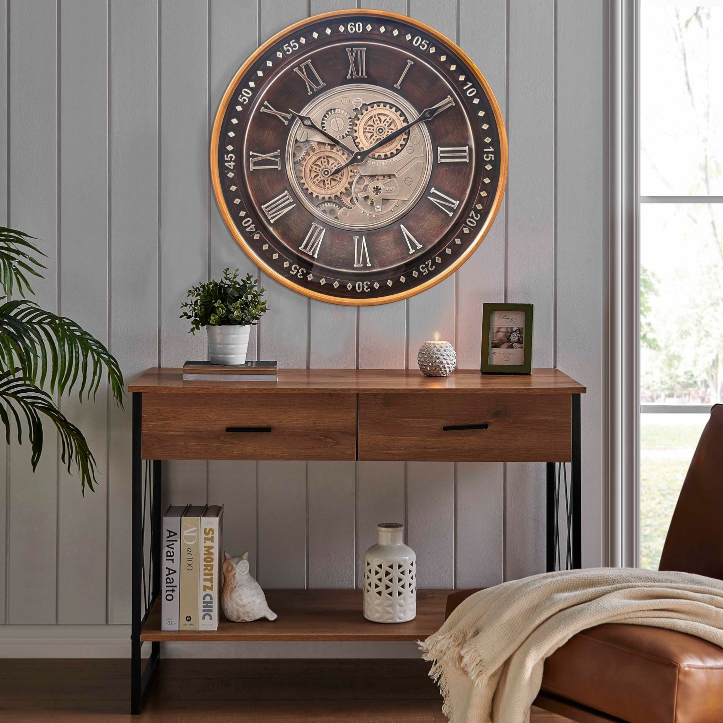 CLXEAST 24 Inch Wall Clock with Moving Gears,Oversized Large Industrial Steampunk Style, Antique Gold Metal Roman Numeral Wall Clocks for Farmhouse Living Room Decor