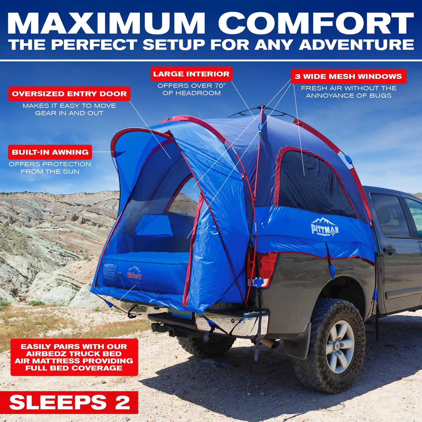 Pittman Outdoors - Truck Bed Tent with EZ-UP Design - Full Size - 5.5 ft-5.8ft Pickup Truck Tent for Camping - Includes Rain Fly, Extra Wide Entry, Oversize Air Mesh & Porch Cover - Truck Bed Camper