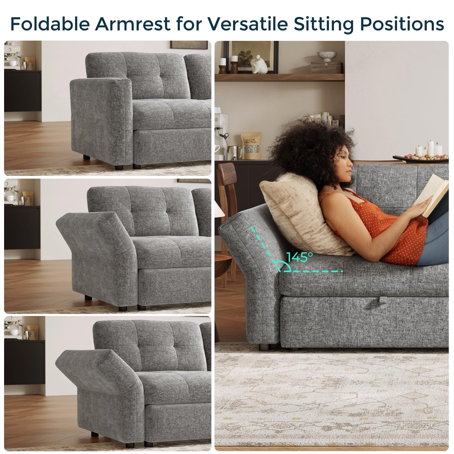 LINSY Oversized Sectional Sleeper Sofa 118" Pull Out Couch with Storage Chaise, Convertible Sofa Bed with Memory Foam Topper, Comfy L Shaped Couches for Living Room Apartment Dorm Room, Grey