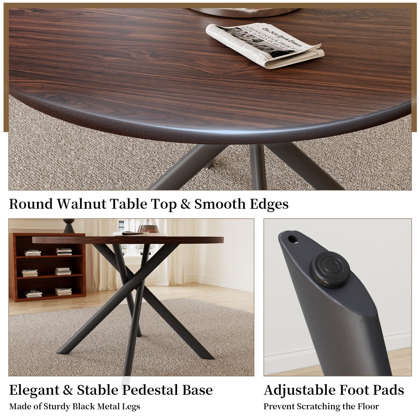 HIPIHOM 45.3'' Walnut Round Dining Table Set for 4, Mid Century Modern Small Coffee Set for Dining Room Kitchen Apartment (Dark Walnut Table + 4 Black Chairs)