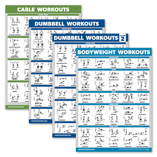 Palace Learning 4 Pack - Cable Machine Workouts + Dumbbell Workouts Vol 1 & 2 + Bodyweight Exercises - Set of 4 Workout Charts (LAMINATED, 18” x 24”)