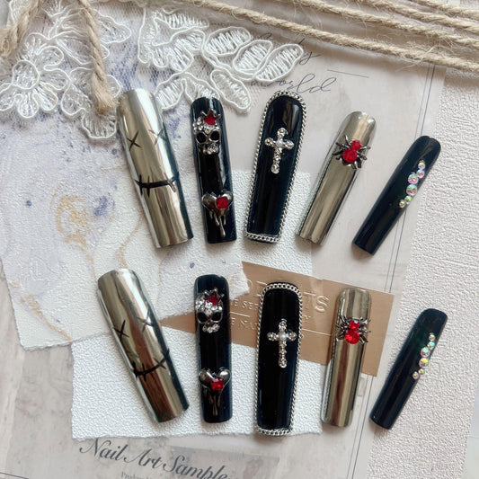 NAIL ANGEL 10PCS/SET Glamorous Handmade Press On Nails Dark Metal 3D Cross Spider Charms Red French Style Long Coffin Nails Party Nails XXL Long Artifical Tips ZJ-12 (ZJ12, S)