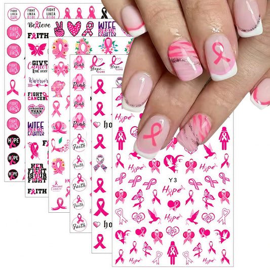Breast Cancer Awareness Nail Art Stickers Pink Ribbon Nail Decals 3D Self Adhesive Nail Decals Butterfly Heart Flower Design Nail Sticker Breast Cancer Nail Supplies for Women Decoration 6 Sheets