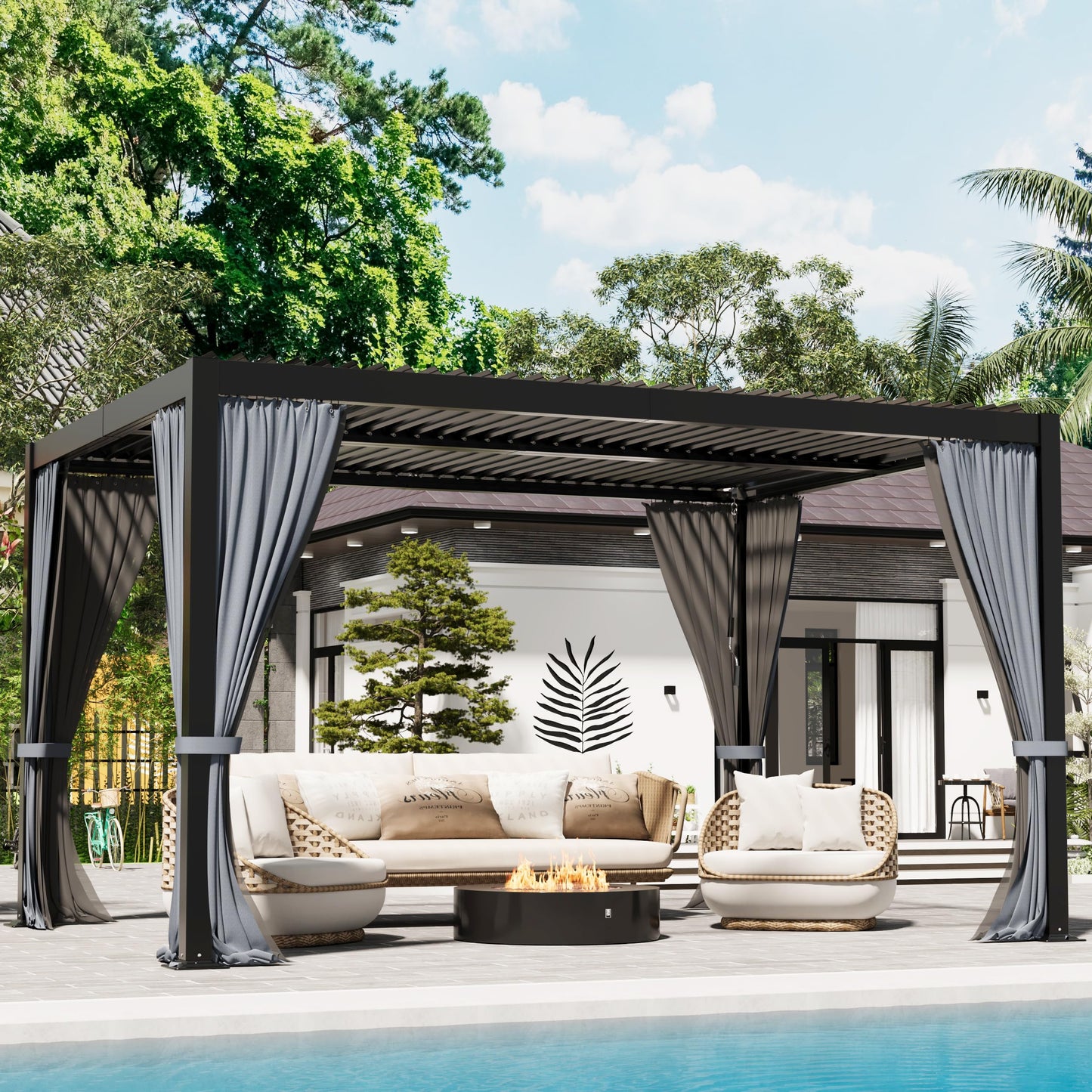 TXGDPIONEER Outdoor Louvered Pergola 10'×13',Aluminum Frame with Adjustable Louvered Roof and Screen,Metal Hard Top Pergola with Waterproof Curtains and Nets for Patio,Backyard,Deck,Grey