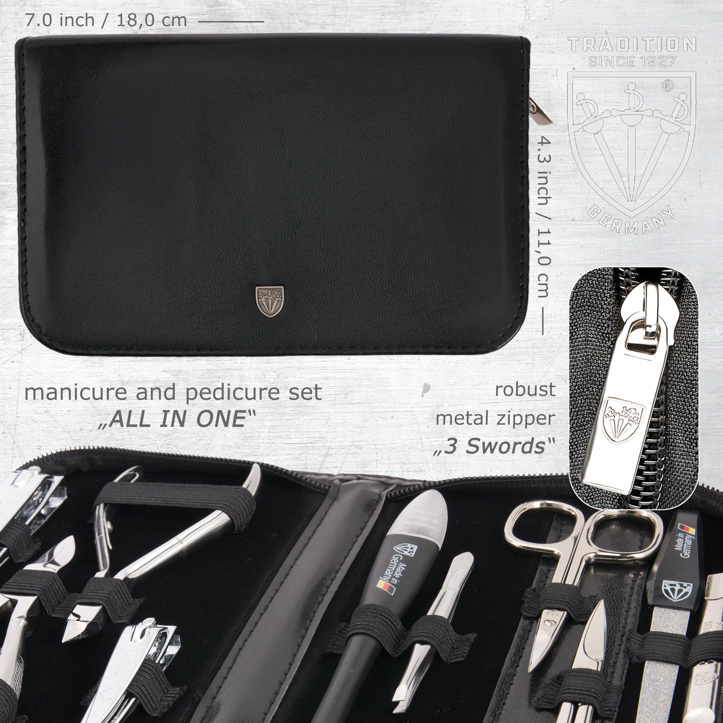 3 Swords Germany - brand quality 10 piece manicure pedicure grooming kit set for professional finger & toe nail care scissors clipper fashion leather case in gift box, Made by 3 Swords (00286)