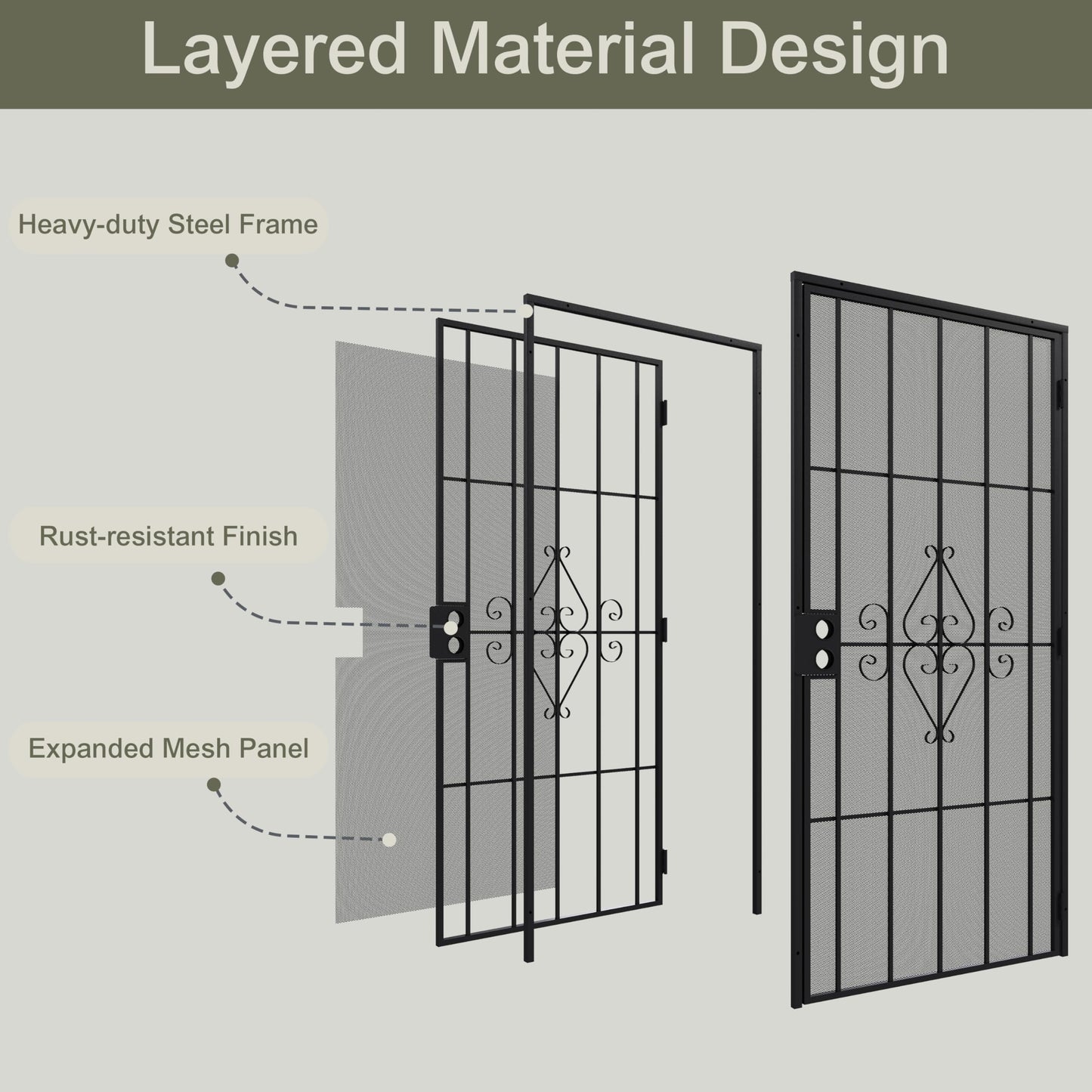 JUBEST 32 in. x 80 in. Security Screen Door, Reversible Powder Coated Black Surface Mount Outswing Steel Security Door with Expanded Metal Screen, Prehung Steel Exterior Doors, Durable&Safe