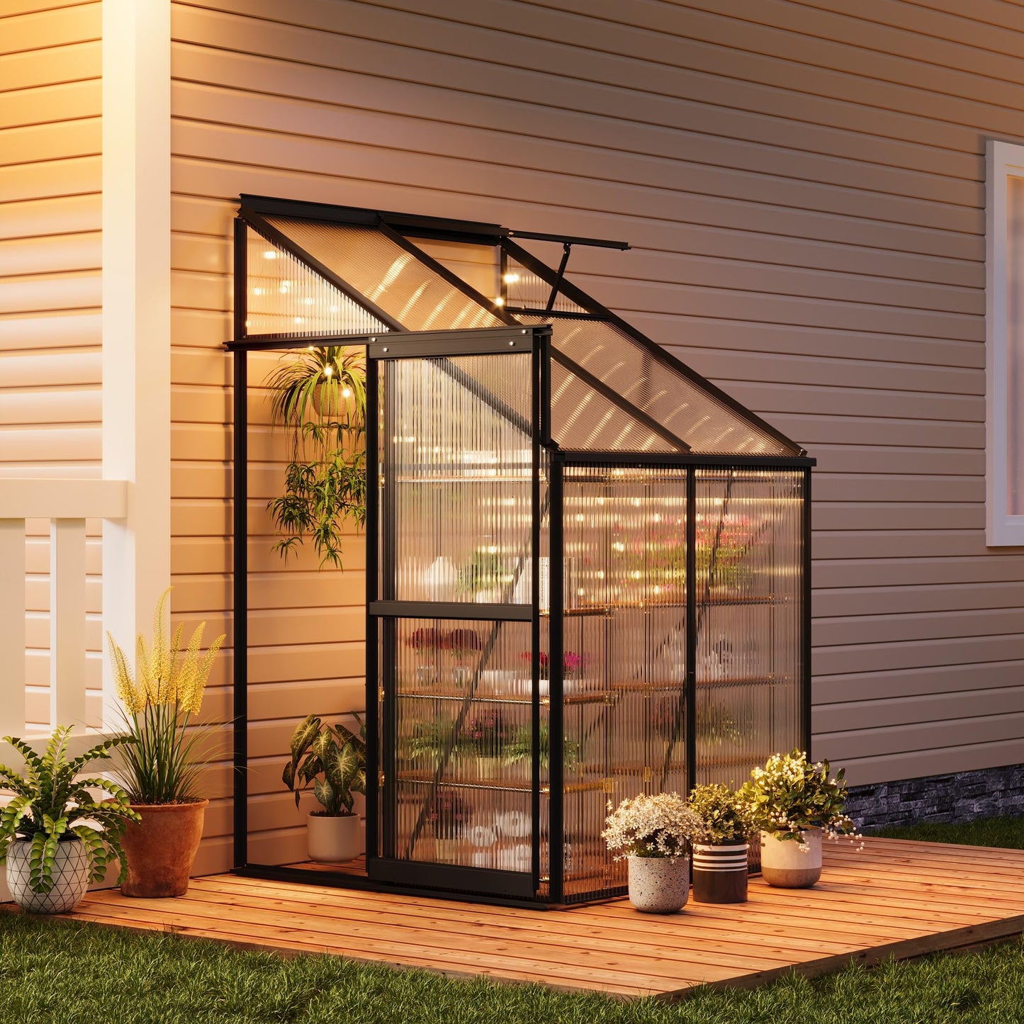 GarveeHome 4x4FT Lean to Greenhouse, Small Walk-in Polycarbonate Greenhouse with Adjustable Vent Window, Sliding Door, Portable Green House Kit for Outdoors, Winter