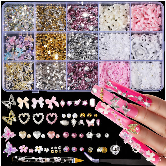 Chunmeng 10000 Nail Spells and Gem Set, Pink Cute Bow, 3D Flowers, Gold Butterfly Pendant - Nail Art Water Diamond, Pearl, Diamond Gem, Comes with DIY Nail Tools