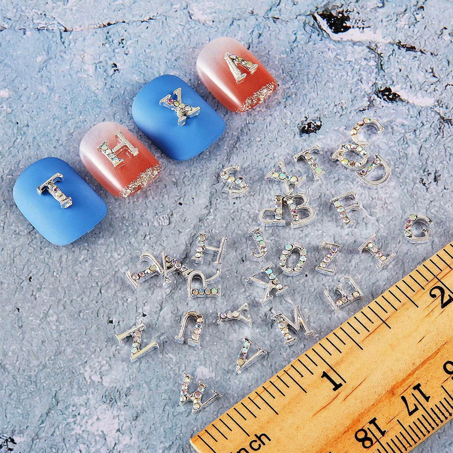 Maitys 104 Pieces Letter Nail Silver Studs 3D Capital Charms Letters and Rhinestone Crystal Nail Decals English Alphabet Fingernail Art Decoration for Women Female DIY Fingernail Art