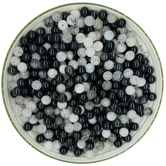 WHNKFB 8mm 50PCS Natural Black & White Mixed Rutilated Quartz Round Beads, Loose Crystal Beads for Jewelry Making Craft - 4mm 6mm 8mm 10mm Options with Free Elastic Cord