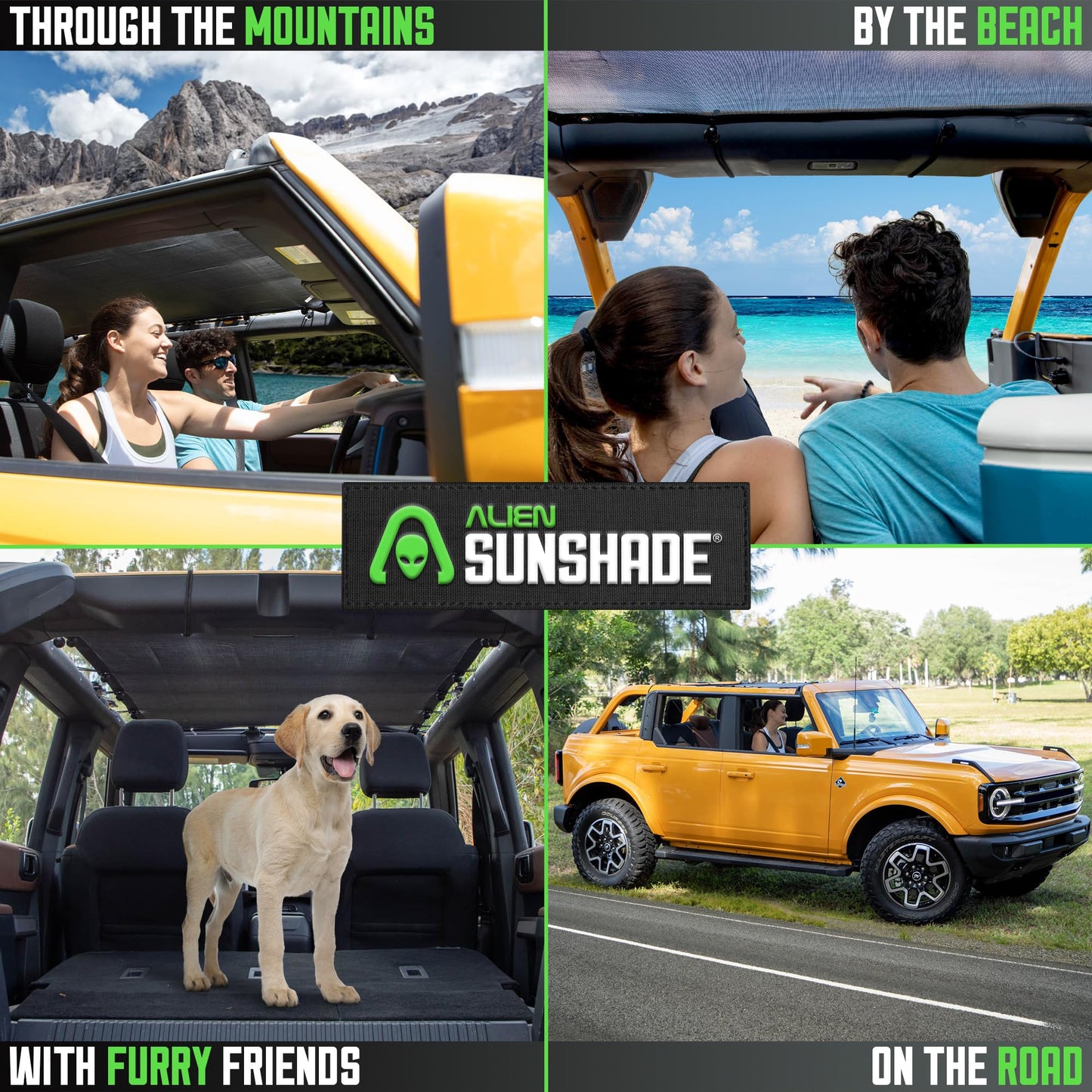 Alien Sunshade for Ford Bronco Sun Shade Black (2021-2025) - Full Length for Bronco Sunshade Bimini Top Accessories 4 Door Premium Mesh Bikini Roof Top Shade Screen Blocks UV, Wind & Noise