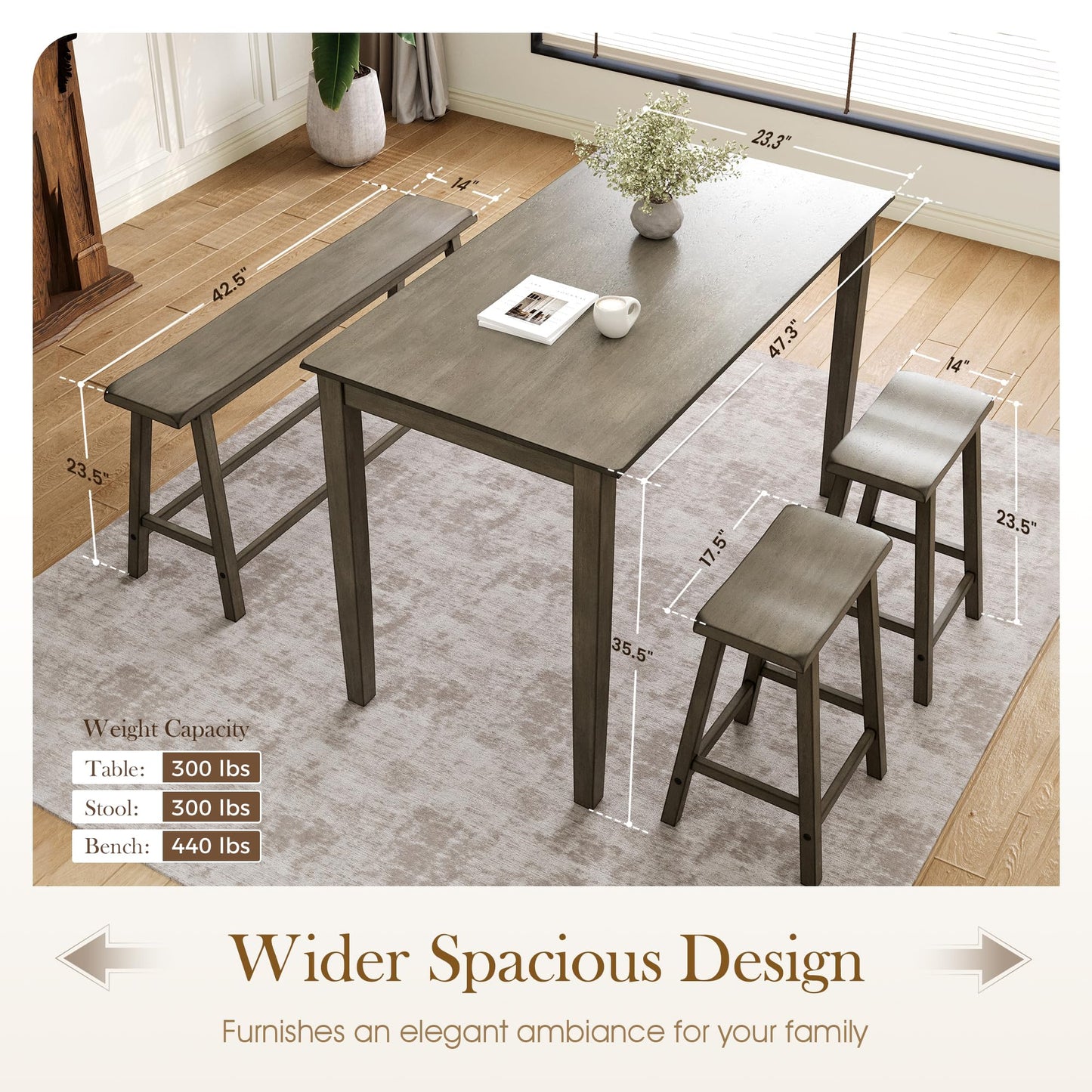 Sophia & William Dining Table Set for 4, Counter Height Table and Chairs Set of 4, Wood Kitchen Table Set with Bench and Chairs, Rectangular Breakfast Dining Set Space Saving, Smoky Brown