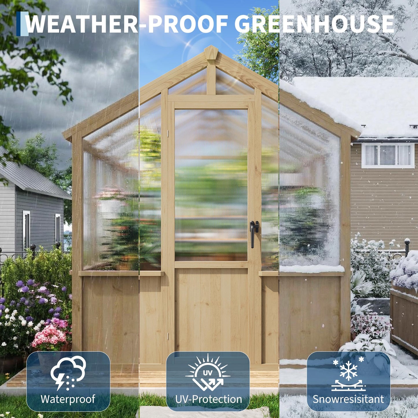 Garvee 6x8 FT Wooden Greenhouse - Walk-in Greenhouses for Outdoors, Large Spruce Frame Green House with PC Panels, Adjustable Roof Vents & Lockable Door, Green Houses for Garden,Backyard,Patio,Lawn