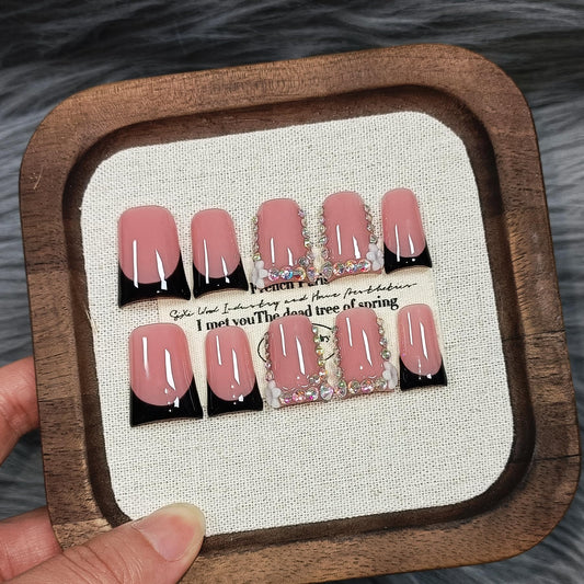 TENPAL Handmade Duck Nails Press on,Pink & Black French Tip Duckbill Tips with Rhinestone Edge,10PCS Glossy Glue on Nails Kit,Glitter Acrylic False Nails with Design,Y2K Punk Fake Nail for Women(S)