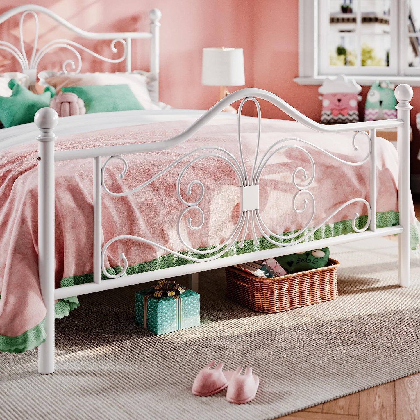 SHA CERLIN Queen Size Bed Frame with Headboard,Metal Bed Frame with Butterfly Pattern Design Headboard & Footboard,No Box Spring Needed,Easy Assembly,White
