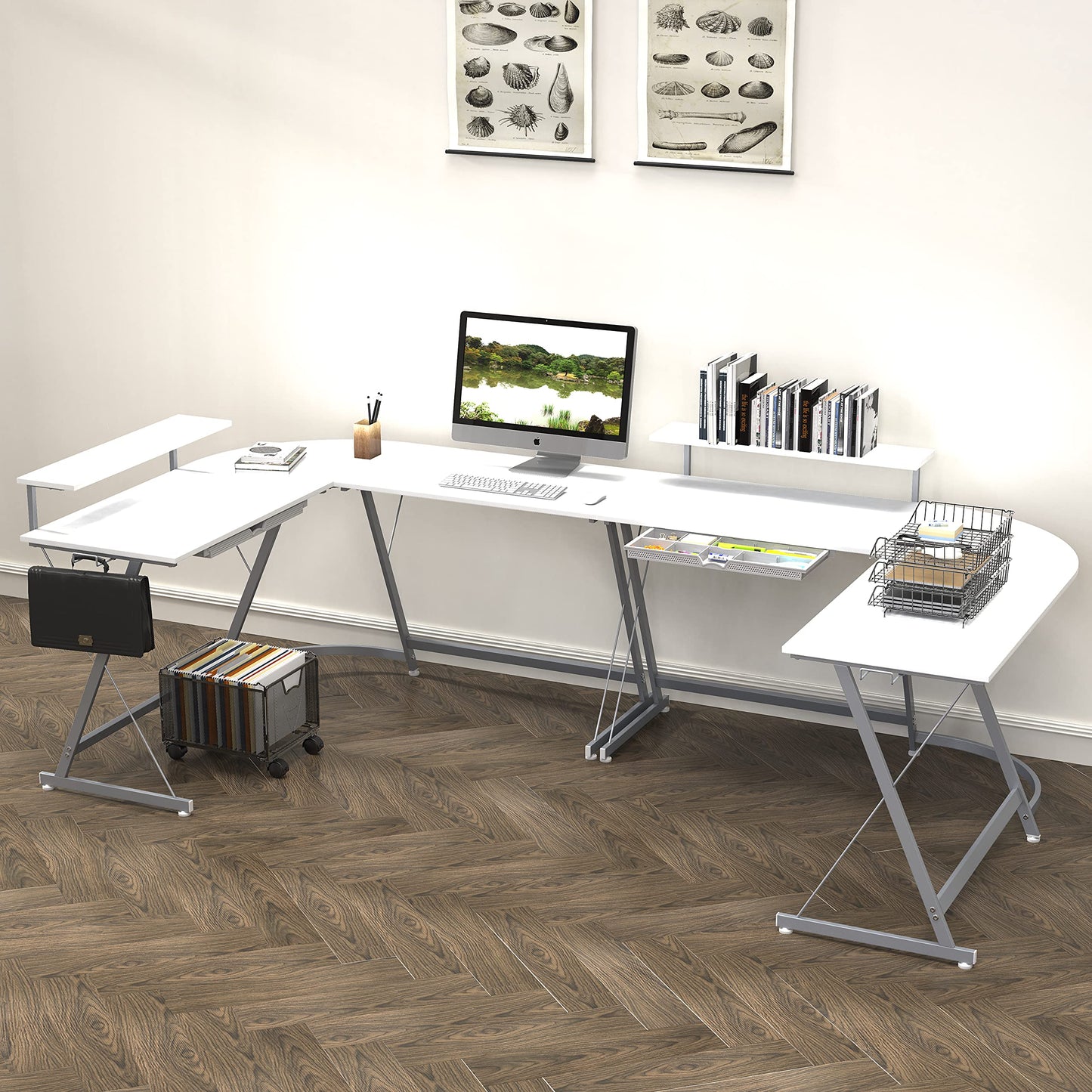 SHW 51 x 51 Inches Vista L-Shaped Desk with Monitor Stand and Drawer, White