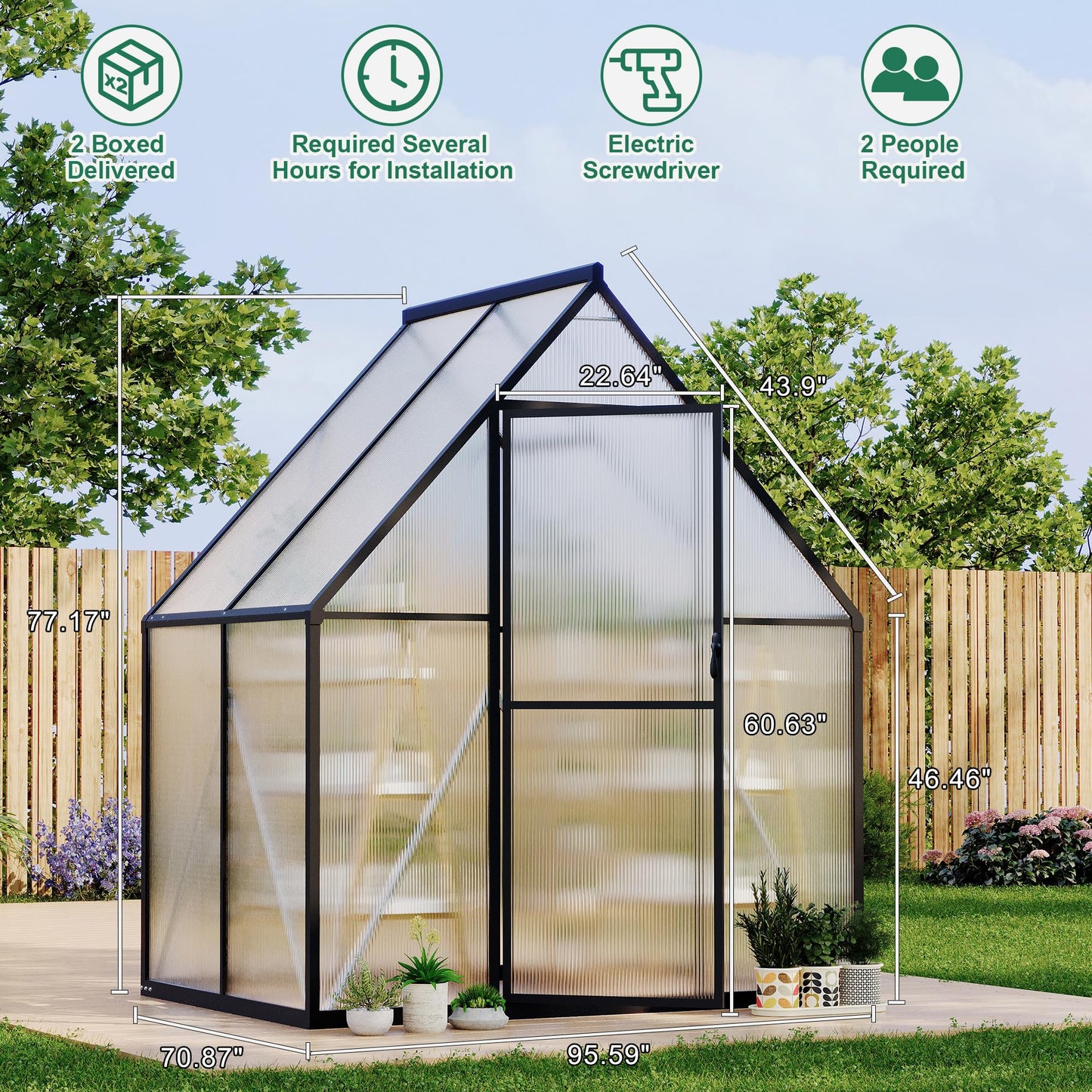 Aluminum Polycarbonate Greenhouse for Outdoors, Large Walk-InGreenhouse With Quick Setup Structure and Roof Vent, Greenhouse With Ventilation