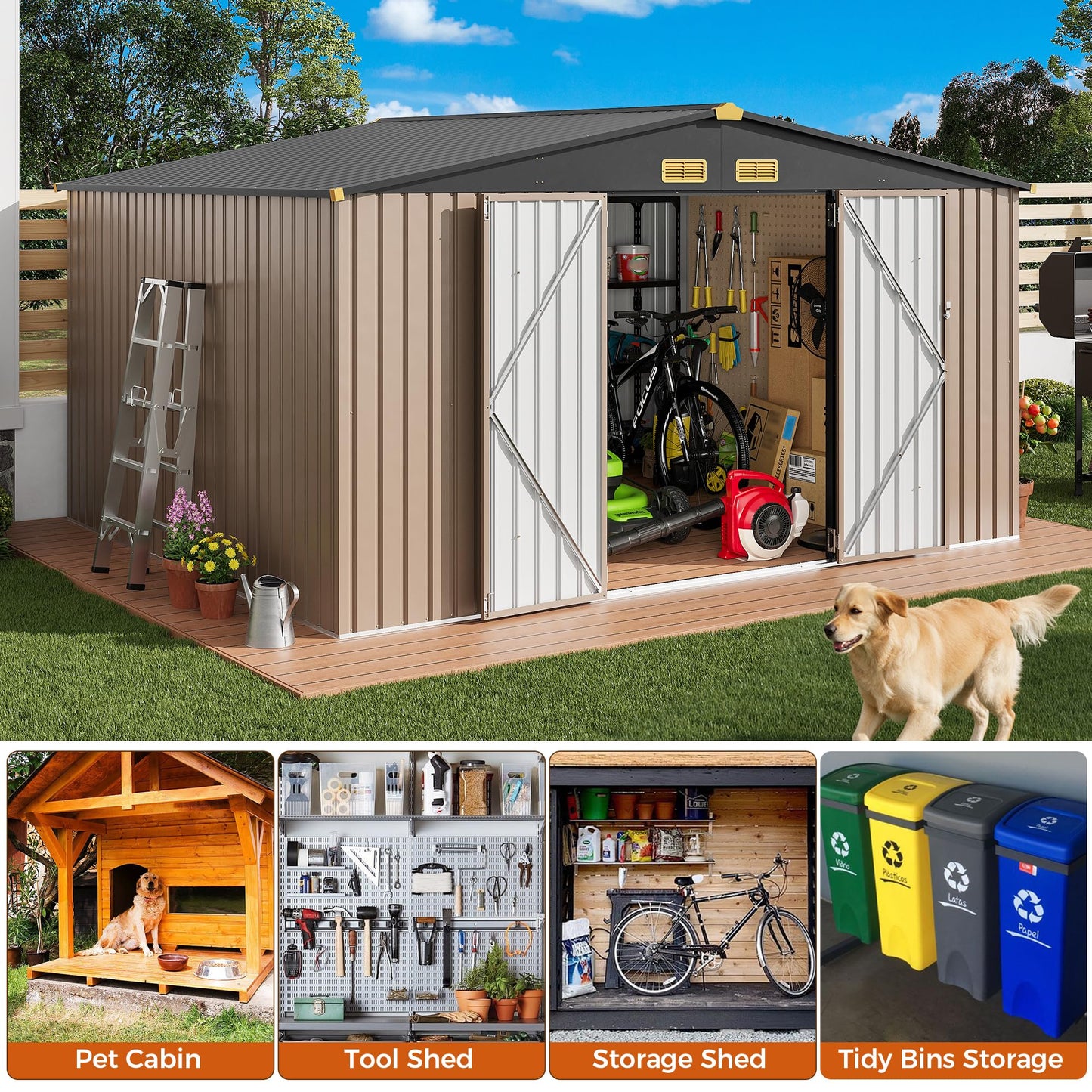 IRONCK 10x12FT Outdoor Storage Shed, Metal Garden Tool Shed with Breathable Vent and Lockable Doors, Outside Storage for Backyard, Poolside, Patio, Brown