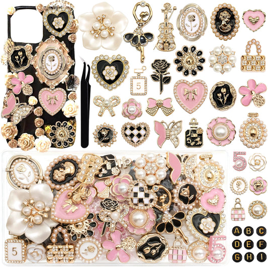 BELICEY Junk Case Charms Kit Gold Pink Flower Big Charm for Junk Cases 3D Vintage Bow Heart Rose Phone Case Charms Flatback Butterfly for DIY Personalization