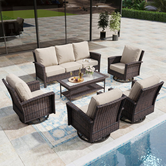 MIXPATIO 6-Piece Wicker Patio Furniture Set with Swivel Chairs, High Back Outdoor Sofa with 5.5-inch Thick Cushion, All-Weather Wicker Patio Conversation Set for Deck Yard Pool, Beige