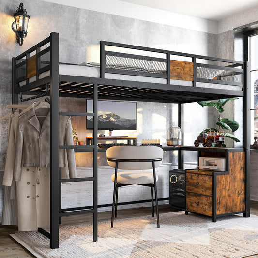 KEIKI Twin XL Loft Bed with L-Shaped Desk & Storage, Metal Frame with Ladder & Safety Rails, Space-Saving Industrial Loft Bed with Drawers for Teens, Adults, Black