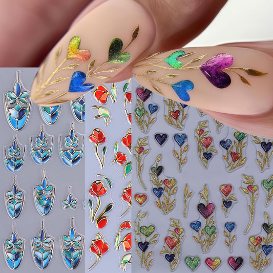 3 Sheets Valentines Day Nail Art Stickers 5D Embossed Heart Flower Nail Stickers Blue Floral French Nail Decals Love Flowers Nails Designs Valentines Nails Sticker for Women DIY Manicure Nail Supplies