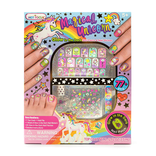 Hot Focus Unicorn Nail Art Glow in the Dark Kit 77 Pieces - Nail Stickers Unicorn and Rainbow Set, Nail Patches, Nail Polish and Nail File - Non-Toxic Water Based Polish